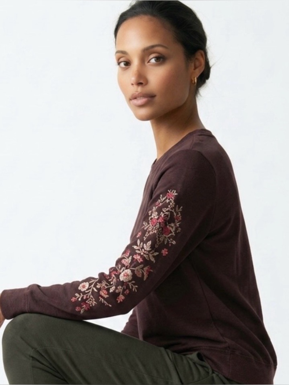 Knox Rose Brown BoHo Chic Crewneck Sweatshirt Embroidered Trim Size S